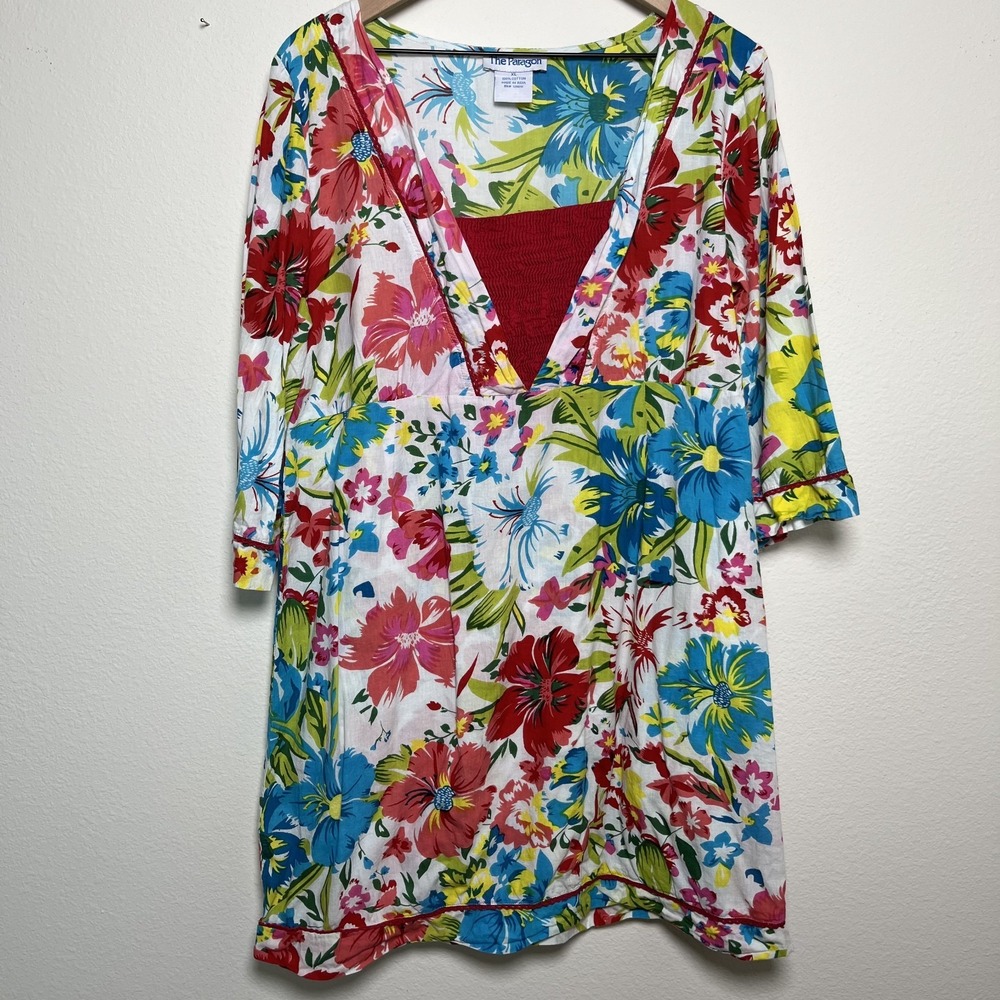 The Paragon Women Tunic Dress Top XL Floral Paradise Resort Beach Vacation Cotto